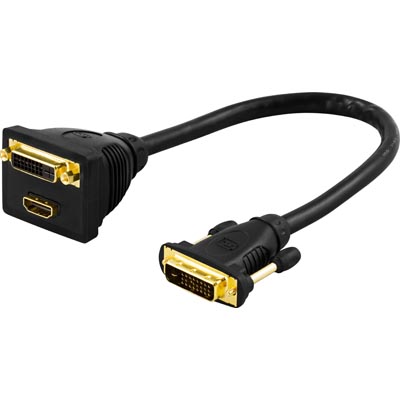 DVI-sovitin, Dual Link, DVI-D uros > DVI-D ja HDMI naaras, 0.1m DVI-sovitin, Dual Link, DVI-D uros > DVI-D ja HDMI naaras, 0.1m
