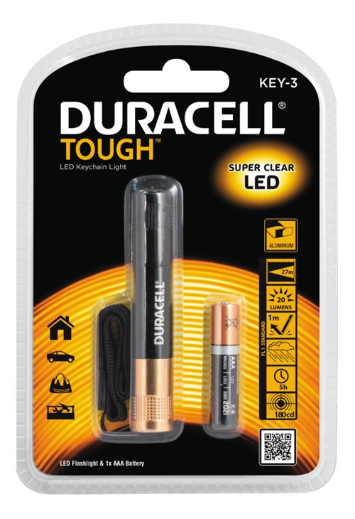 Duracell Tough KEY-3 Taskulamppu, paristo mukana, musta, 8.5cm