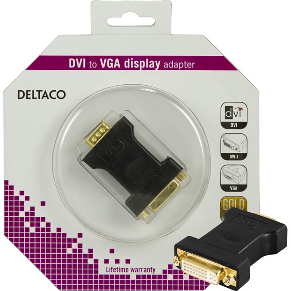 Deltaco DVI sovitin, DVI-I Single Link naaras - VGA (HD15) uros
