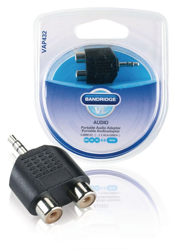 Bandridge Stereo Audio Sovitin 3.5mm Uros - 2xRCA Naaras, musta